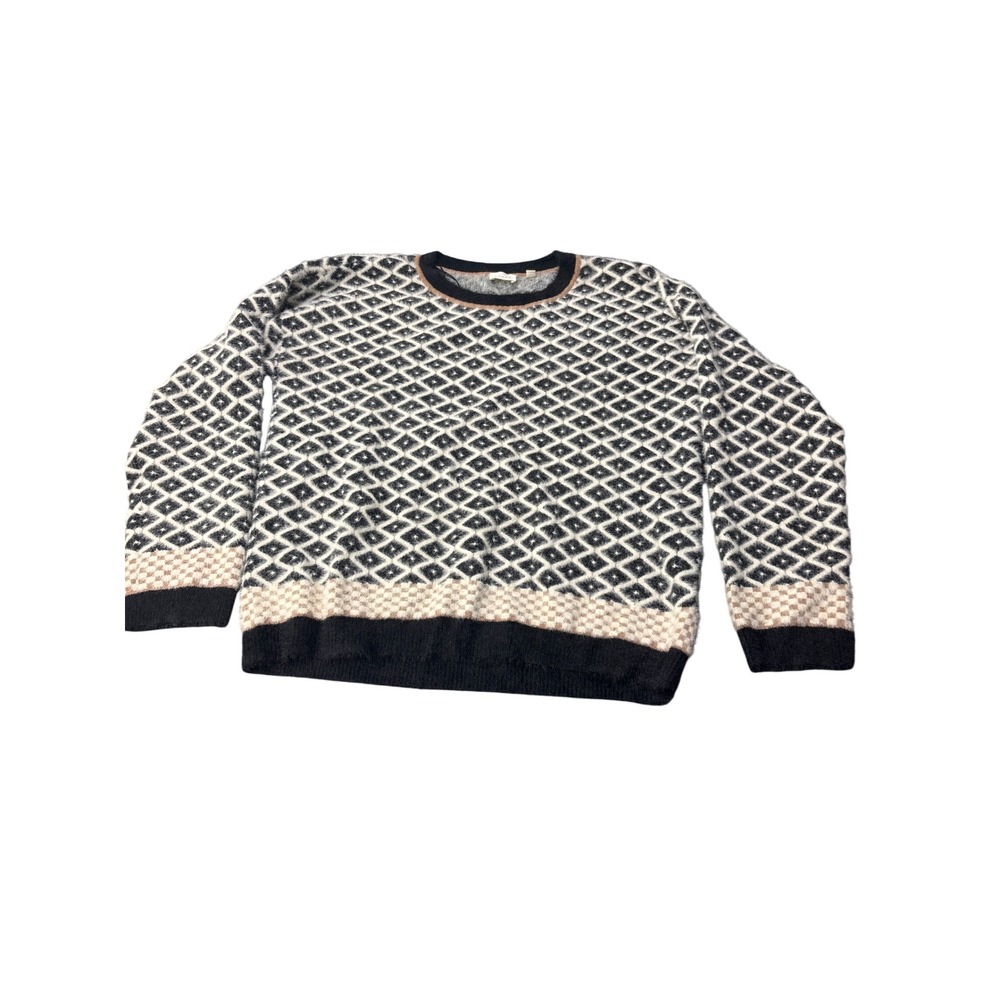 Cyrus Womens Geometric Diamond Eyelash Knit Fuzzy Crewneck Sweater Black Tan M